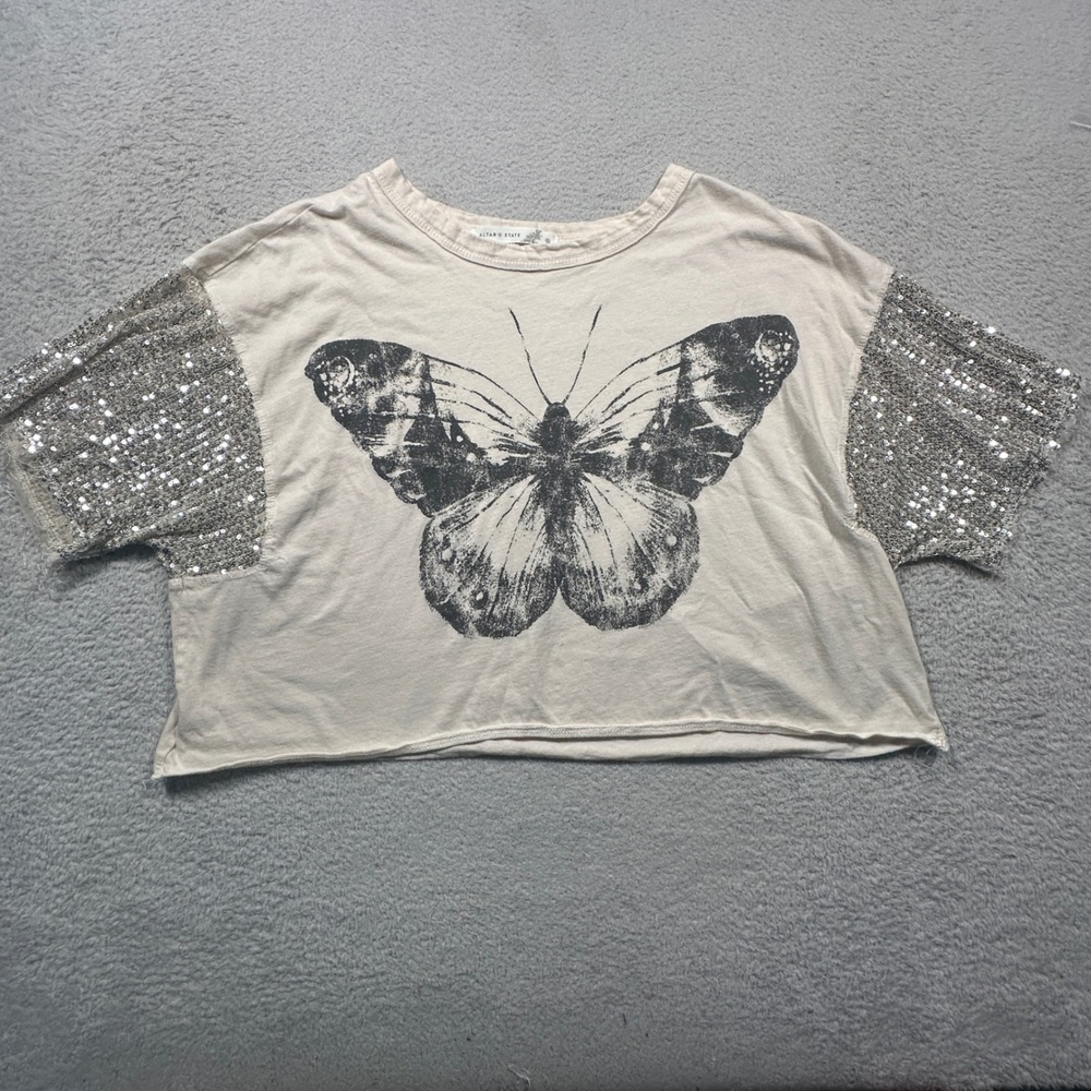 Altar'd State Butterfly Crop Top Women Size S Beige Sequin Sleeve Graphic FLAW‎